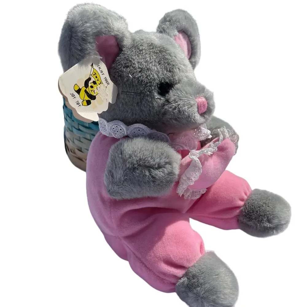 Joy Toy Charming Gray Mouse Pink Valentine Heart Plush Stuffed Animal 1992 VTG